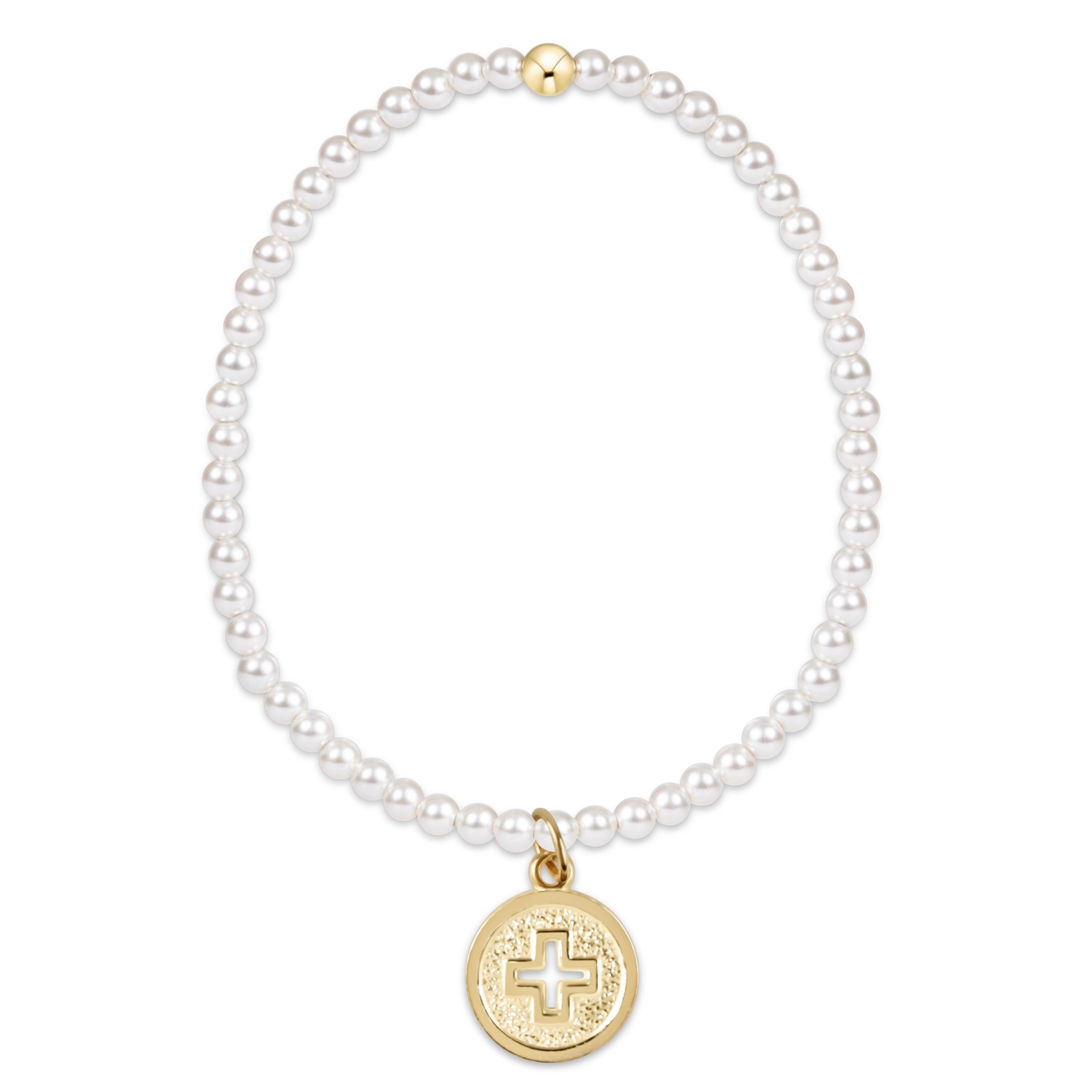 classic pearl 3mm bead bracelet - signature cross gold disc