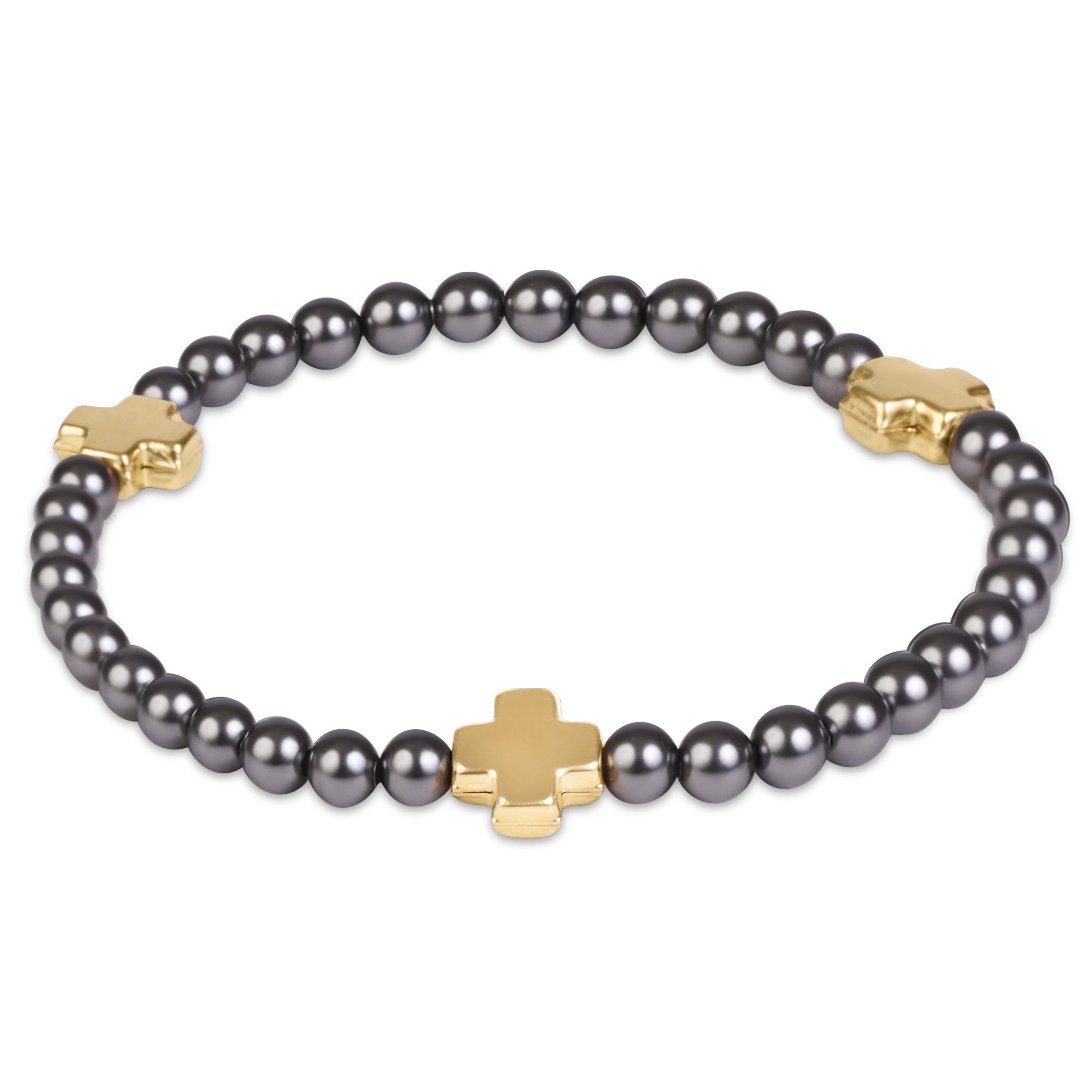 Signature Cross 4mm Pearl Dark Grey Bracelet - Gold
