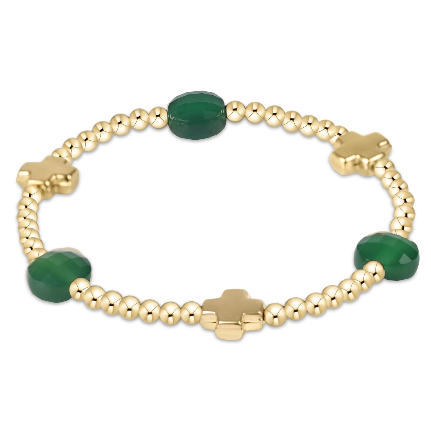 Signature Cross Admire Gold Pattern 3mm Bead Bracelet - Green Onyx