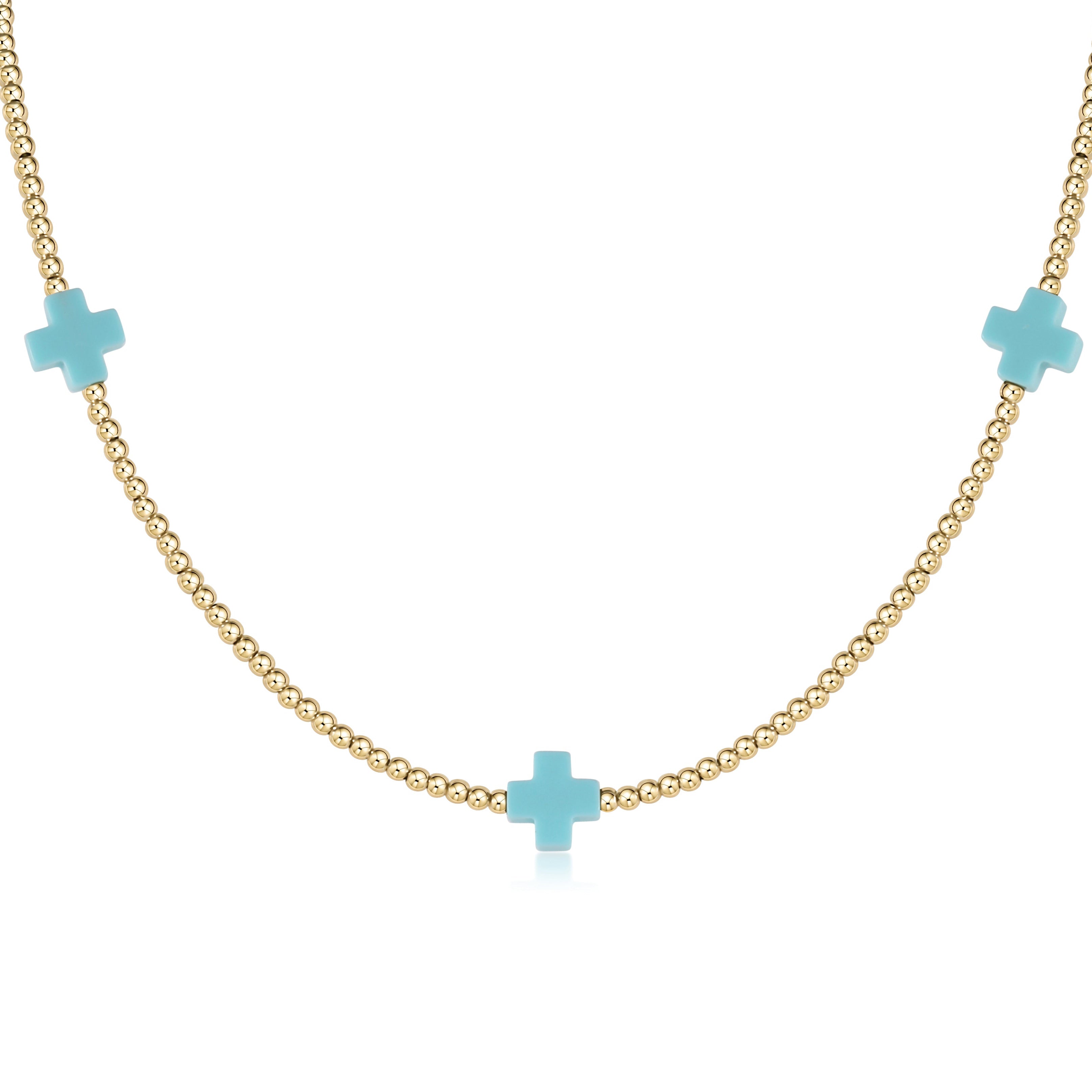 15" Choker Signature Cross Gold Pattern 2mm Bead - Turquoise