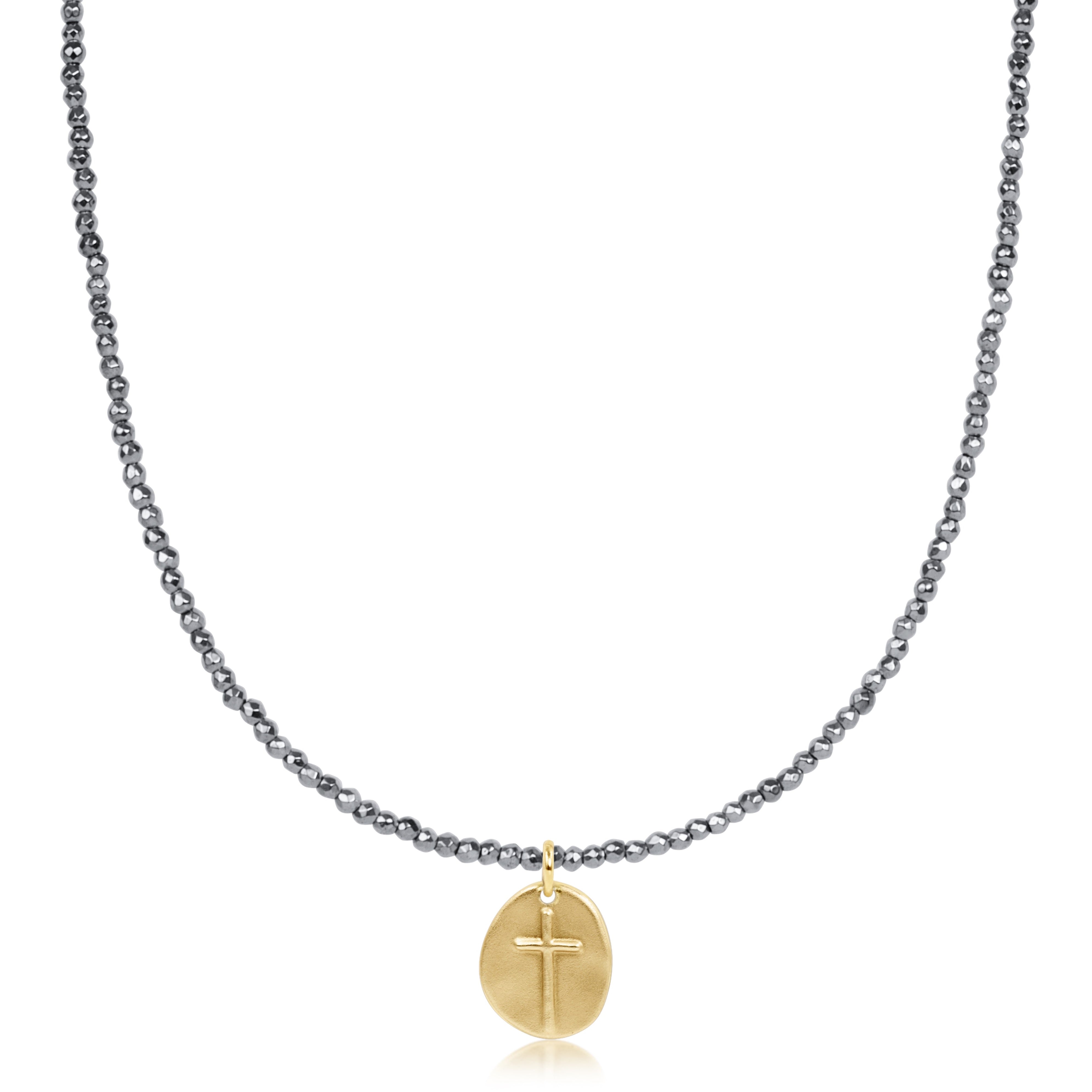 choker silver faceted hematite 2mm bead - inspire small gold charm