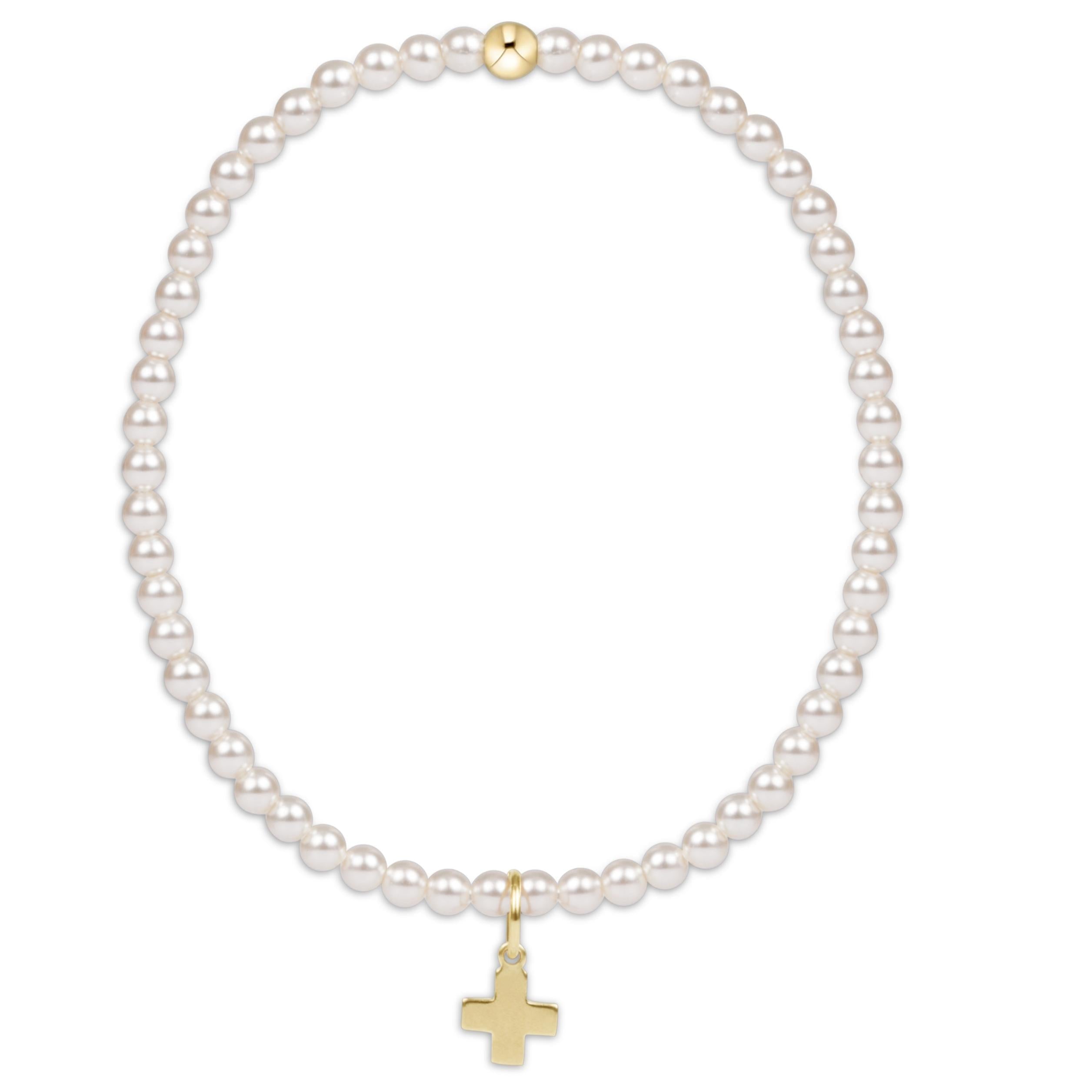 Classic Pearl 3mm Bead Bracelet - Signature Cross Gold Charm