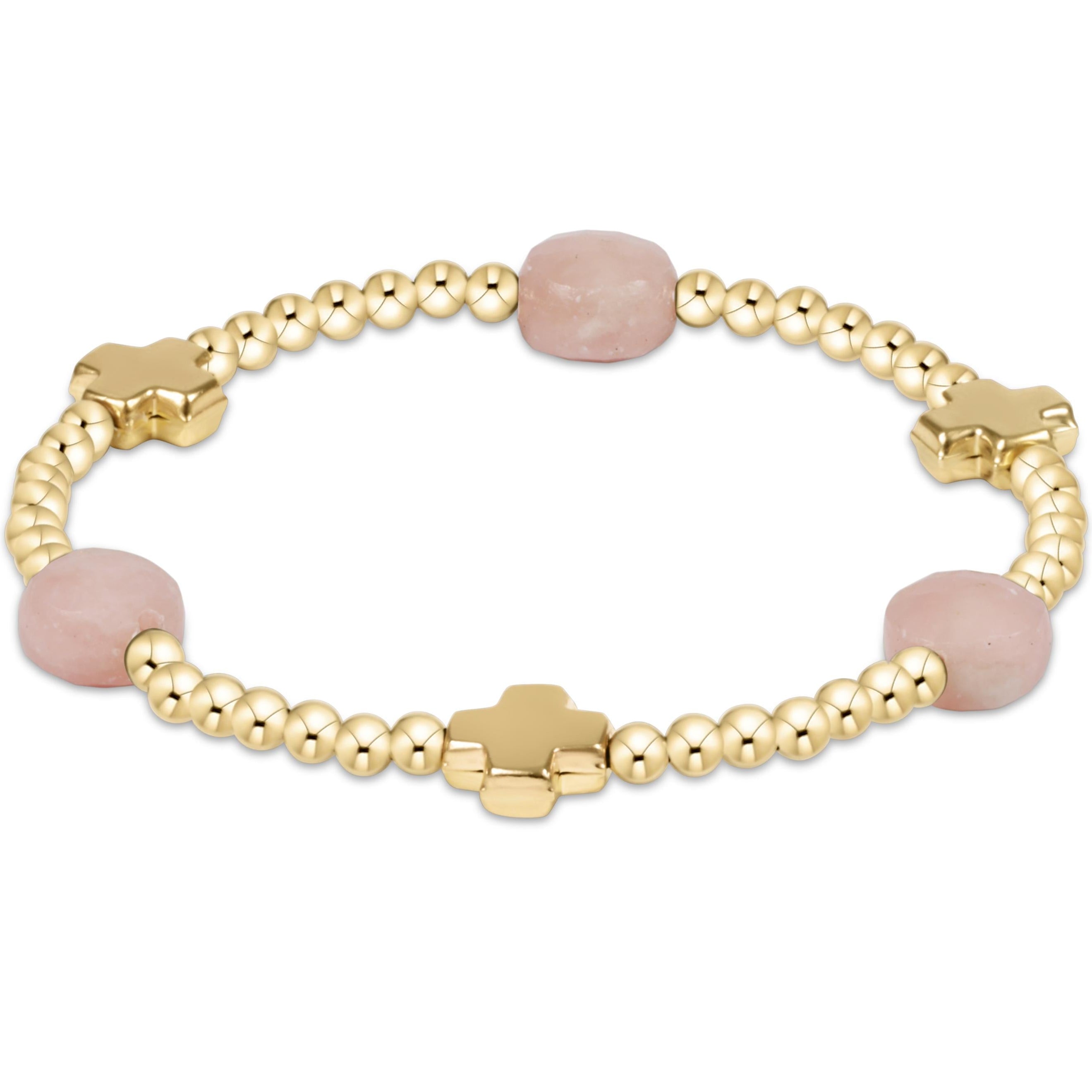 Signature Cross Admire Gold Pattern 3mm Bead Bracelet - Pink Opal