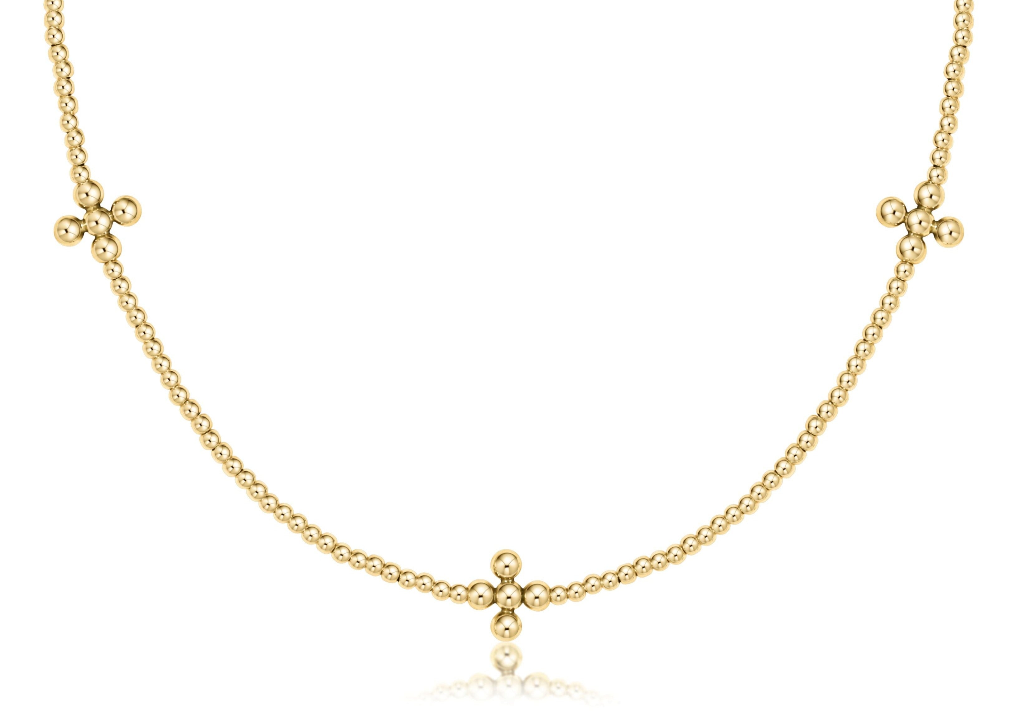 15" Choker Signature Cross Gold Pattern 2mm Bead - Classic Beaded Signature Cross Gold - 3mm Bead Gold